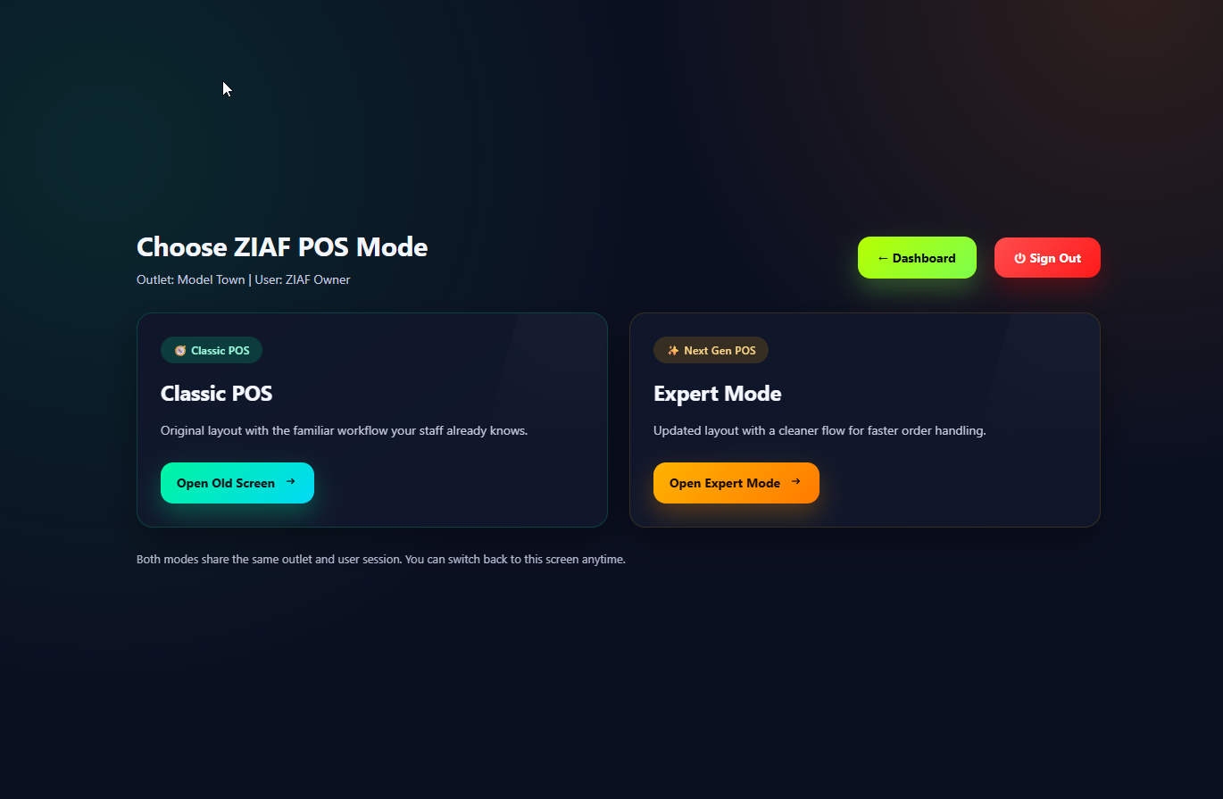 ZIAF POS billing dashboard preview